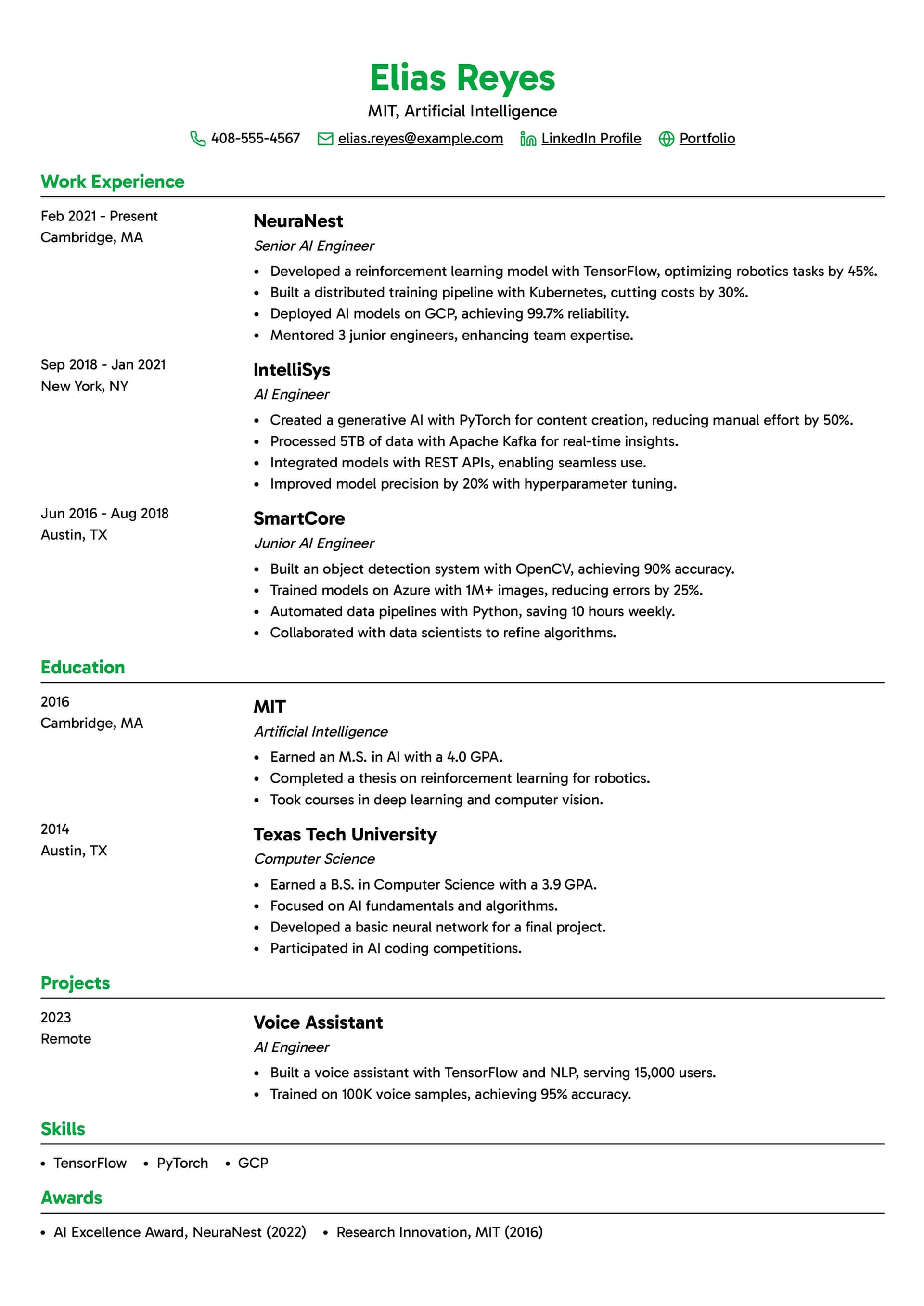 Artificial Intelligence Engineer Resume Example Template 1