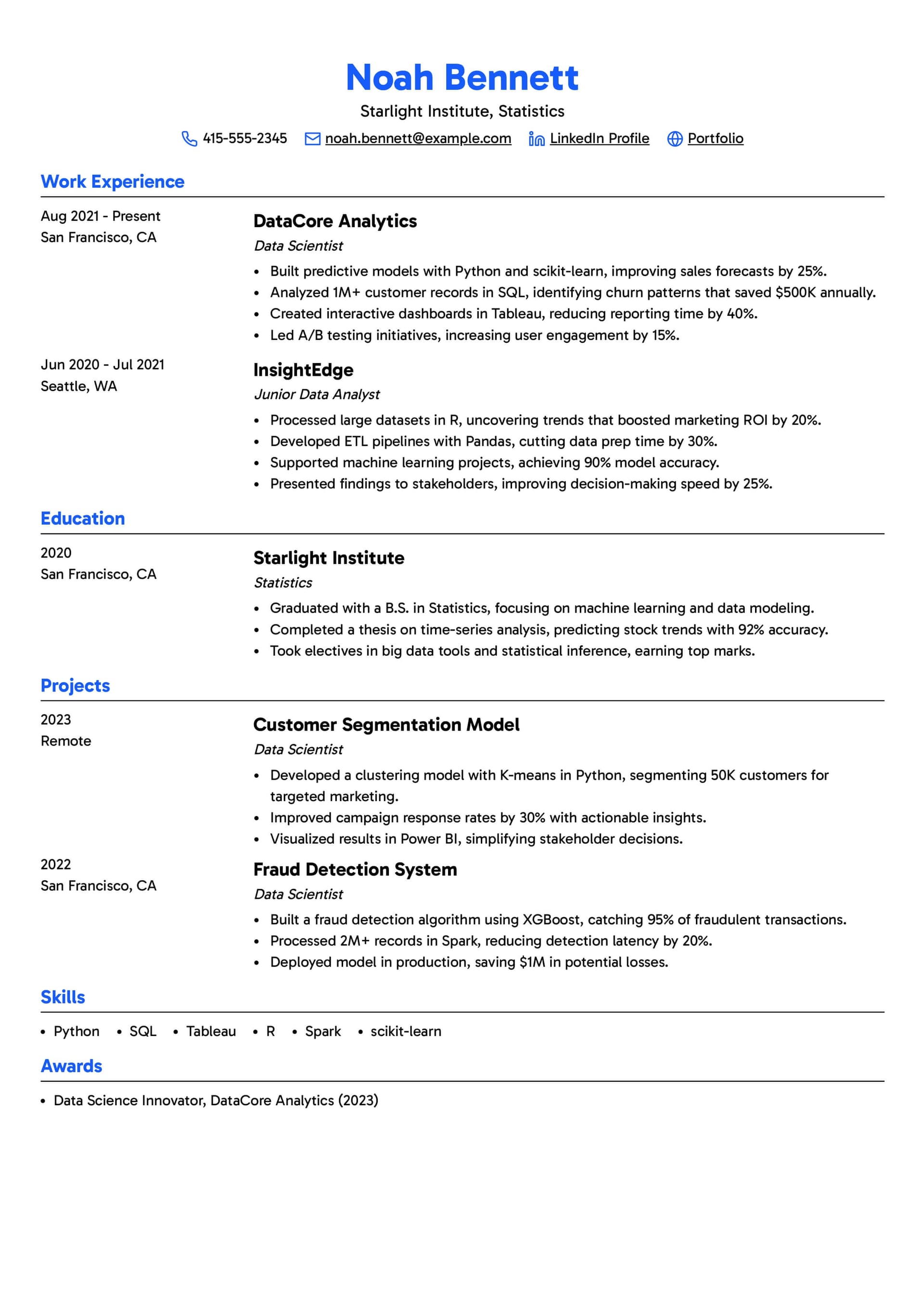 Data Scientist Resume Example Template 1