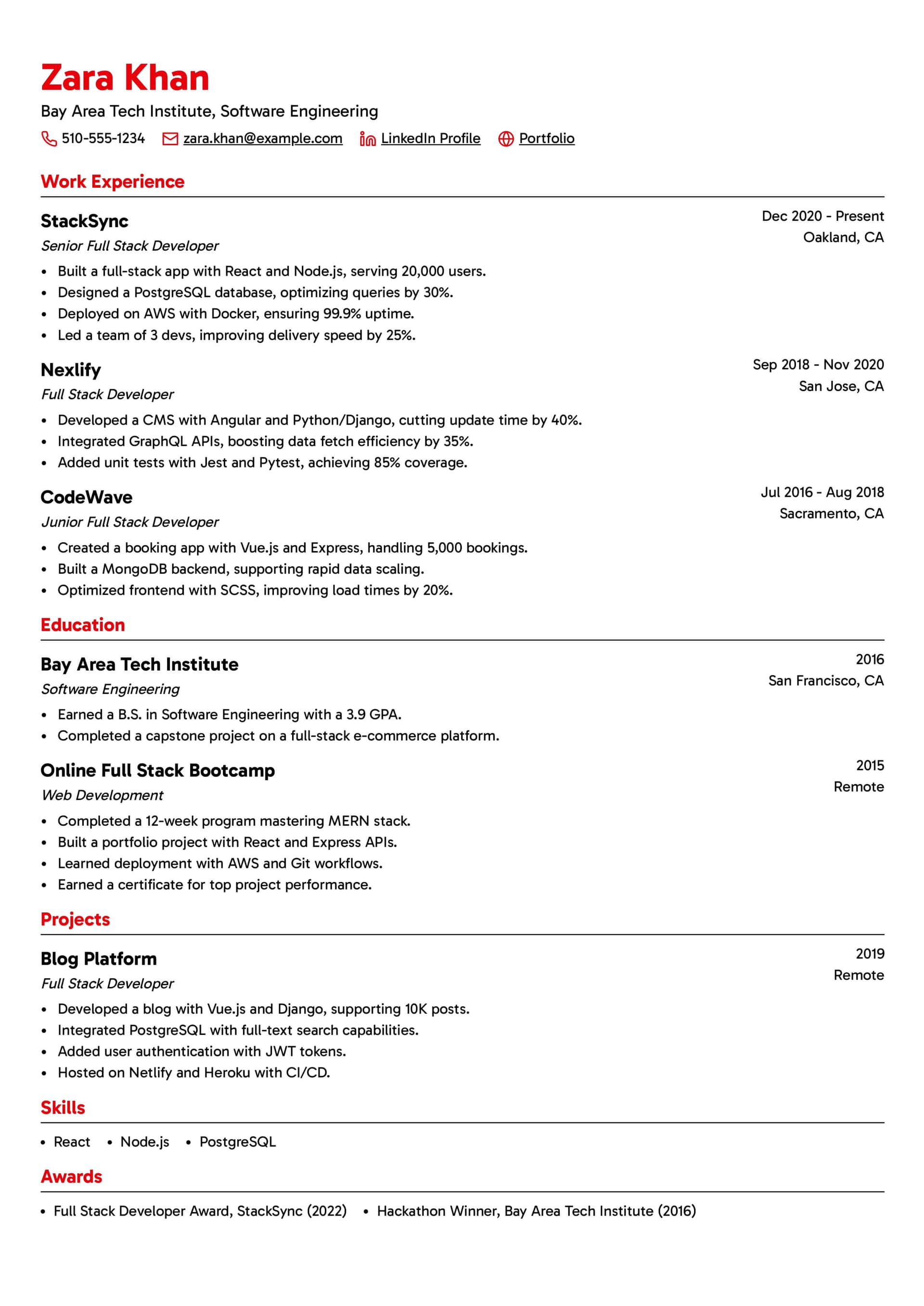 Full Stack Developer Resume Example Template 1