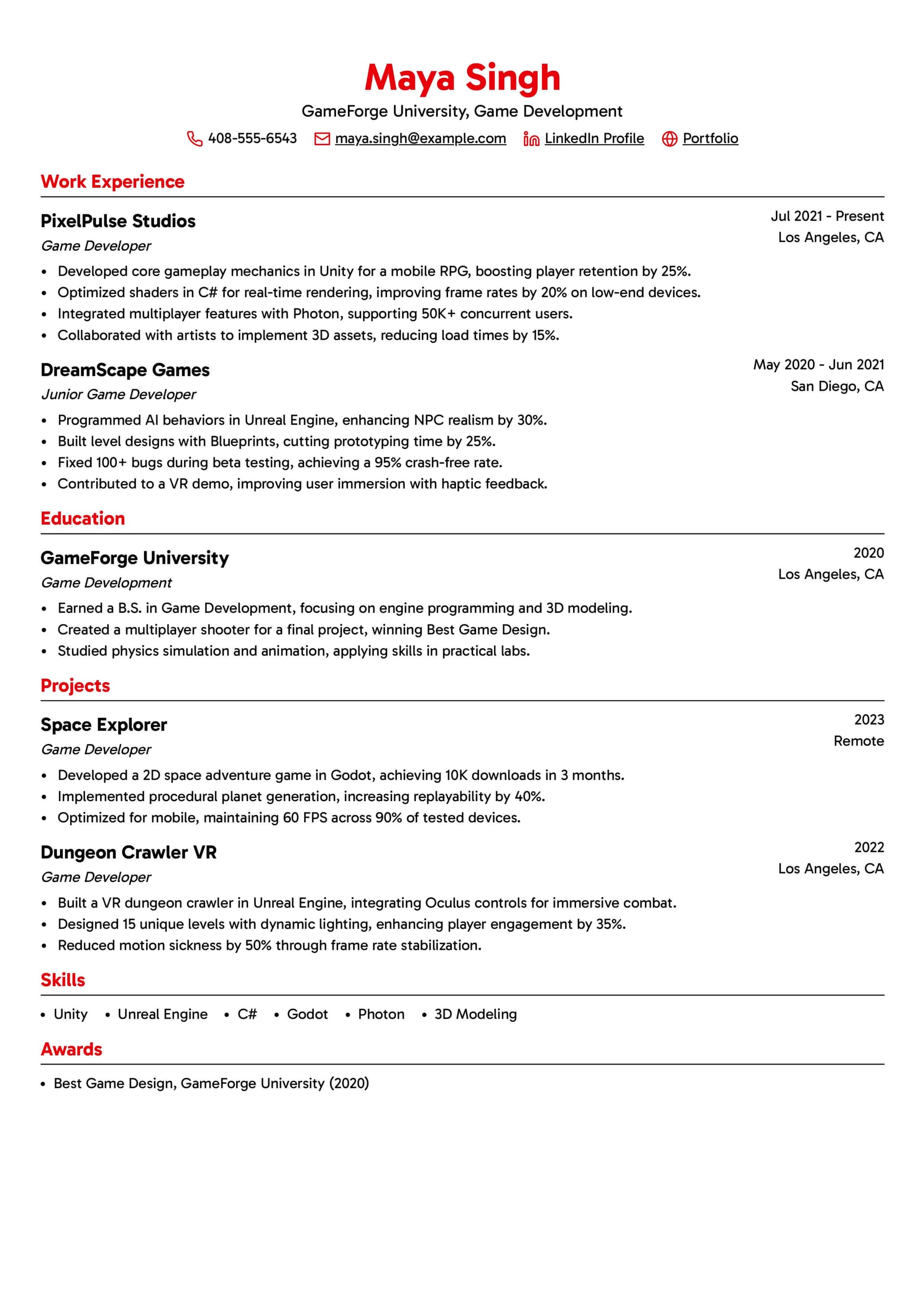 Game Developer Resume Example Template 1