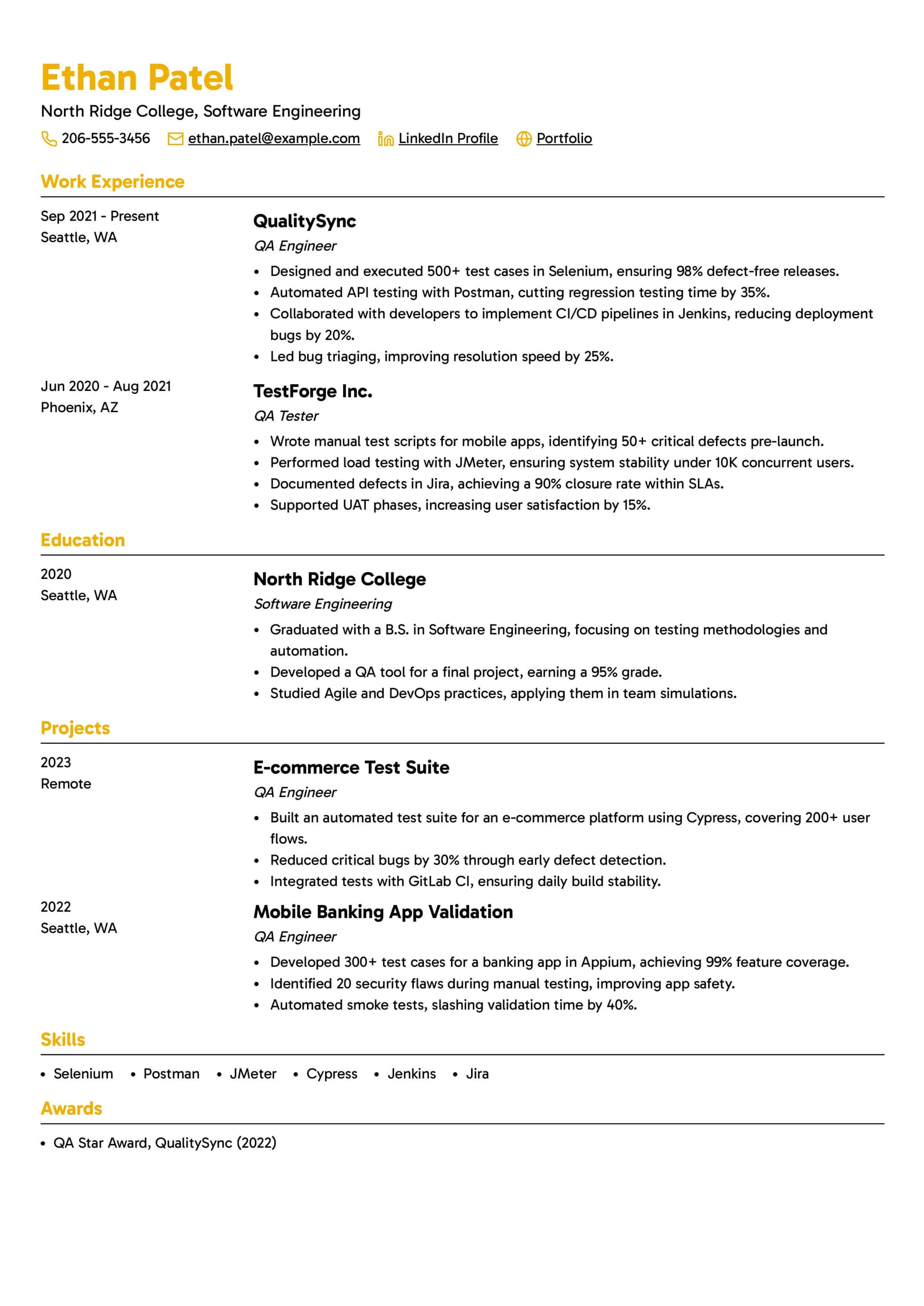 QA Engineer Resume Example Template 1