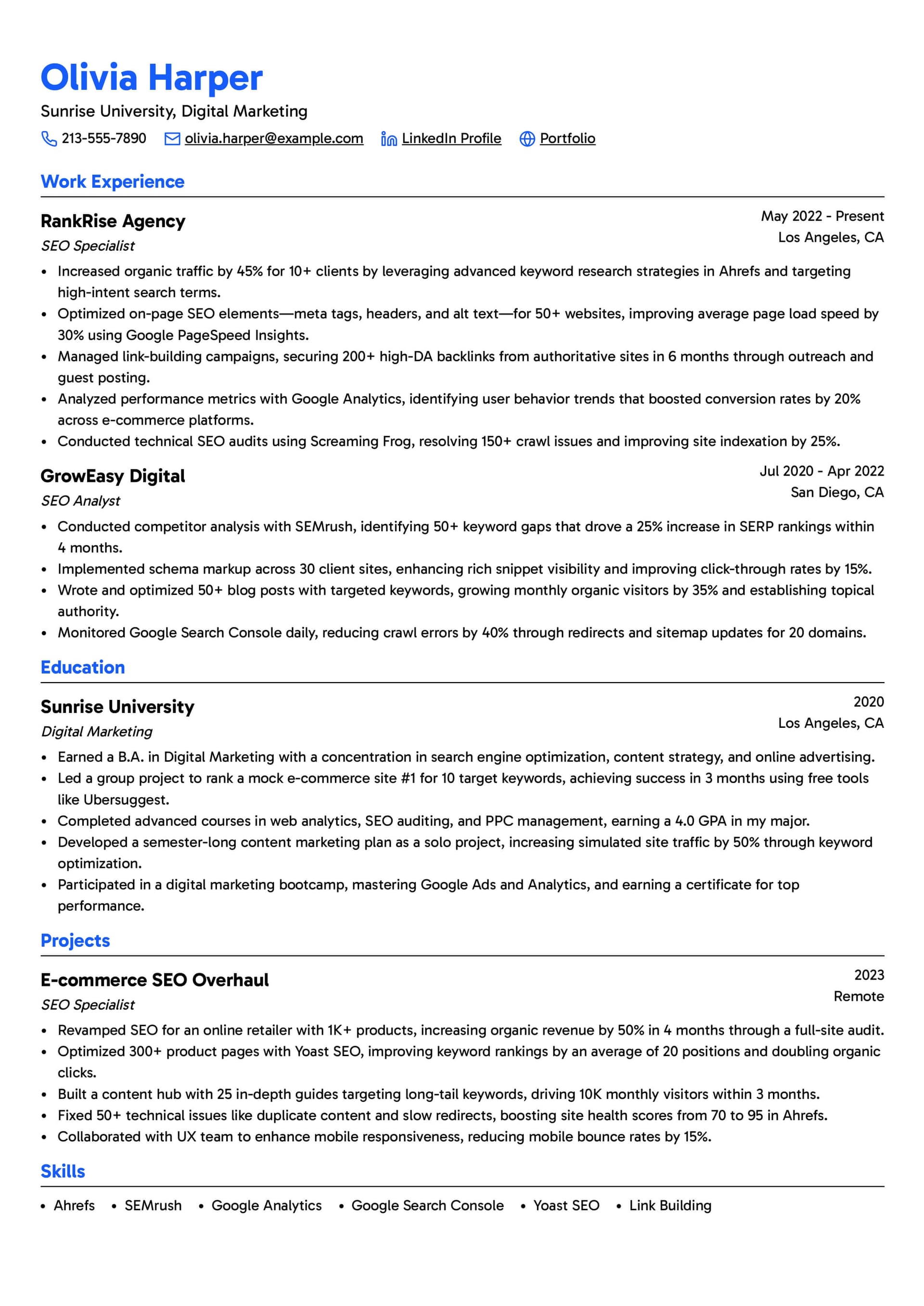 SEO Specialist Resume Example Template 1