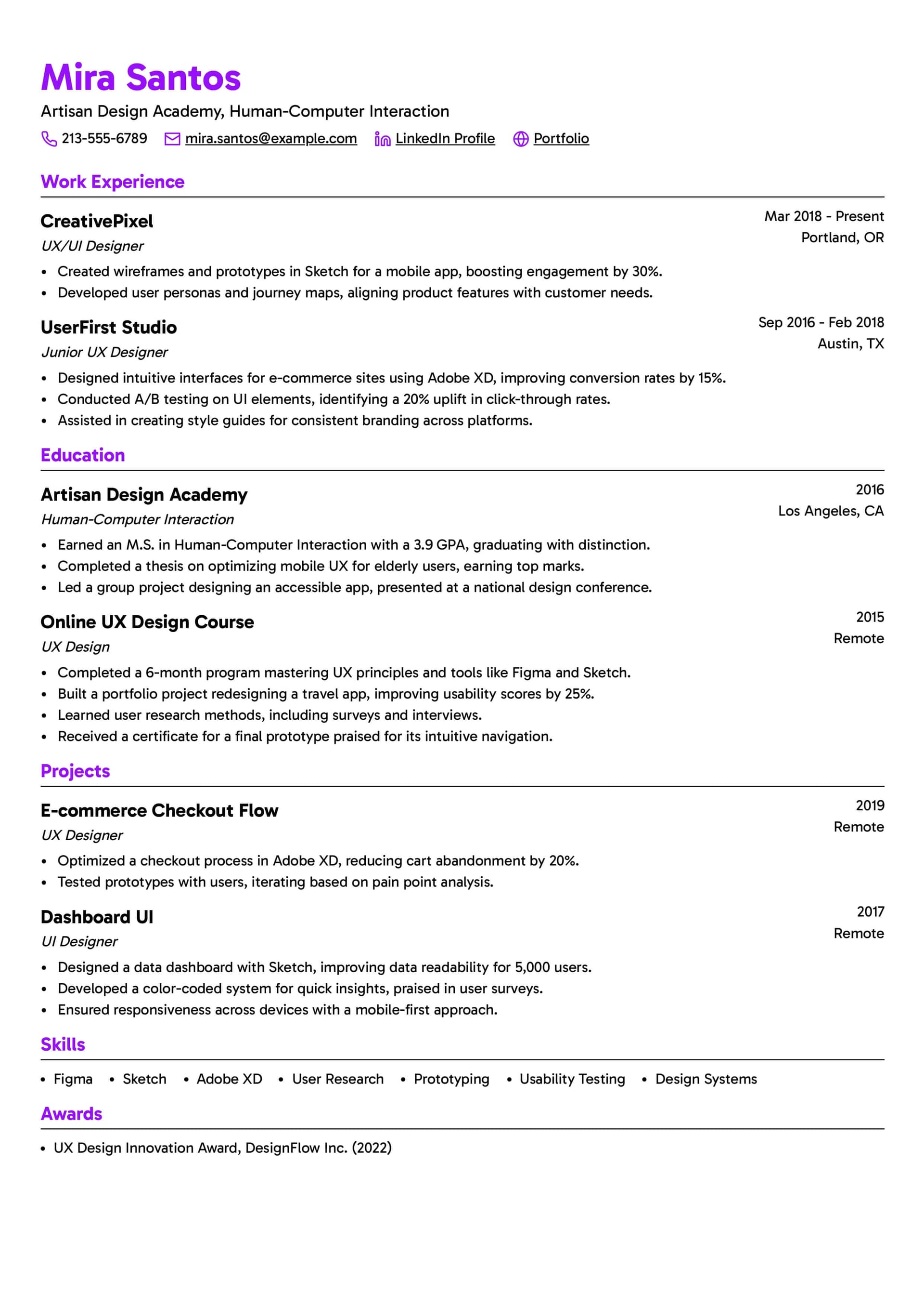UX/UI Designer Resume Example Template 1