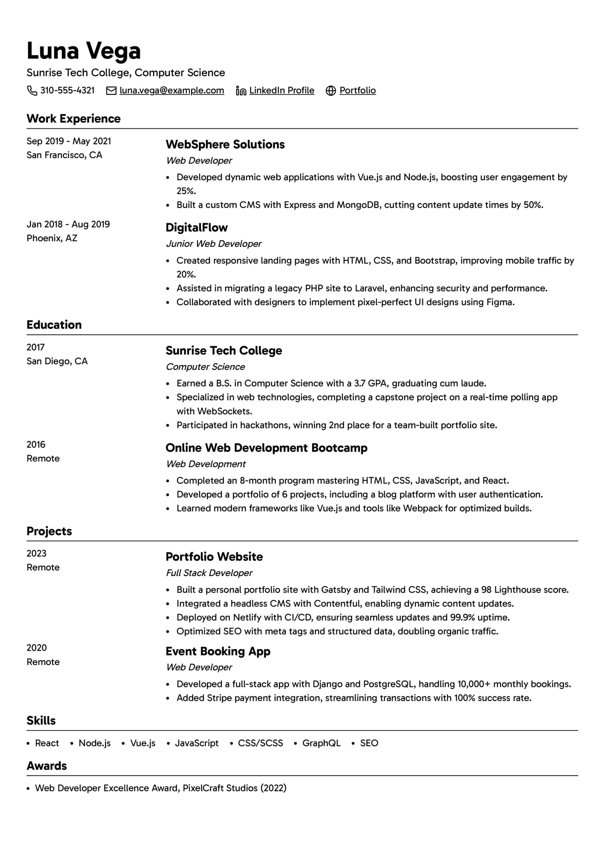 Web Developer Resume Example Template 1